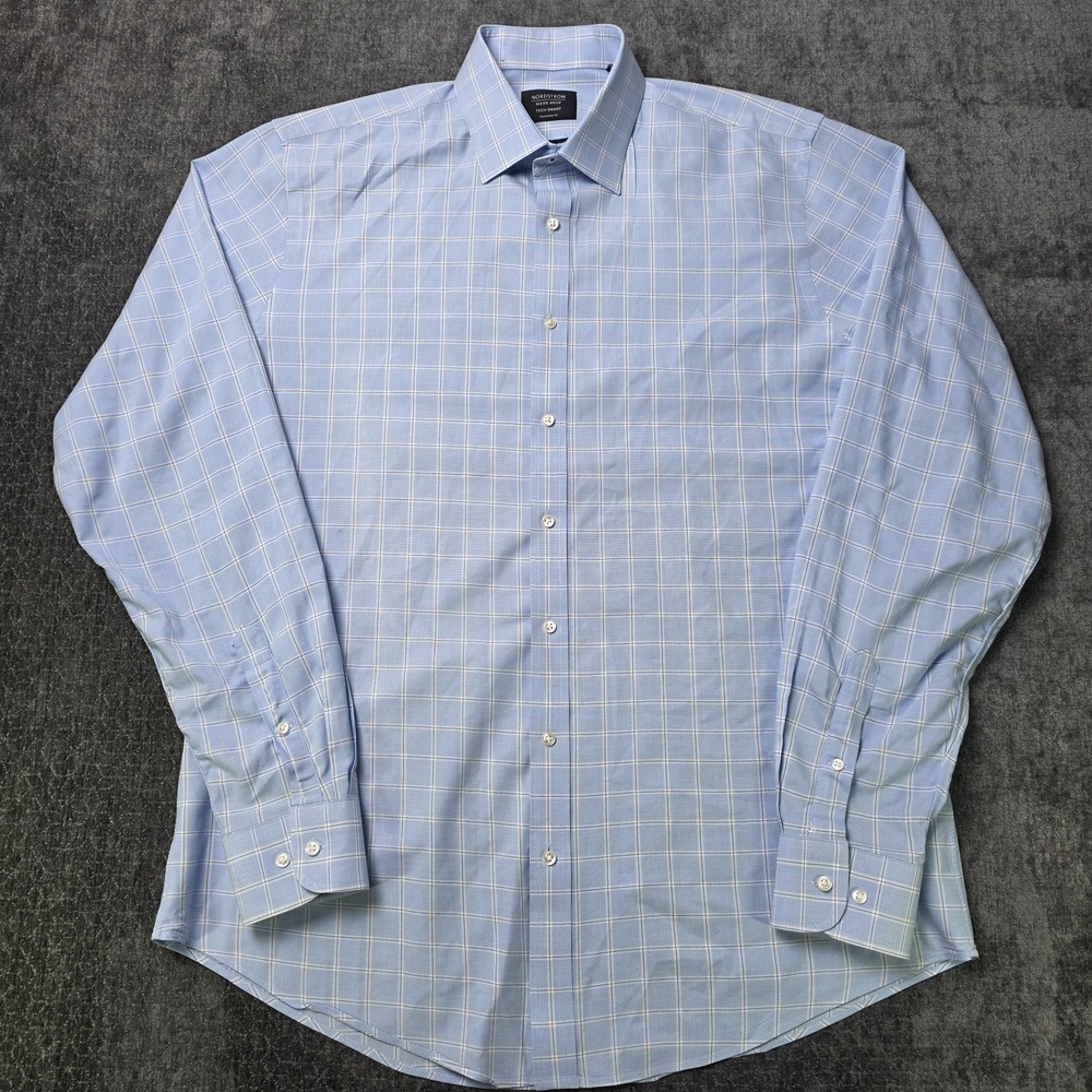Nordstrom Tech Smart Dress Shirt Mens 16.5 Traditional Fit Blue Plaid XL Work